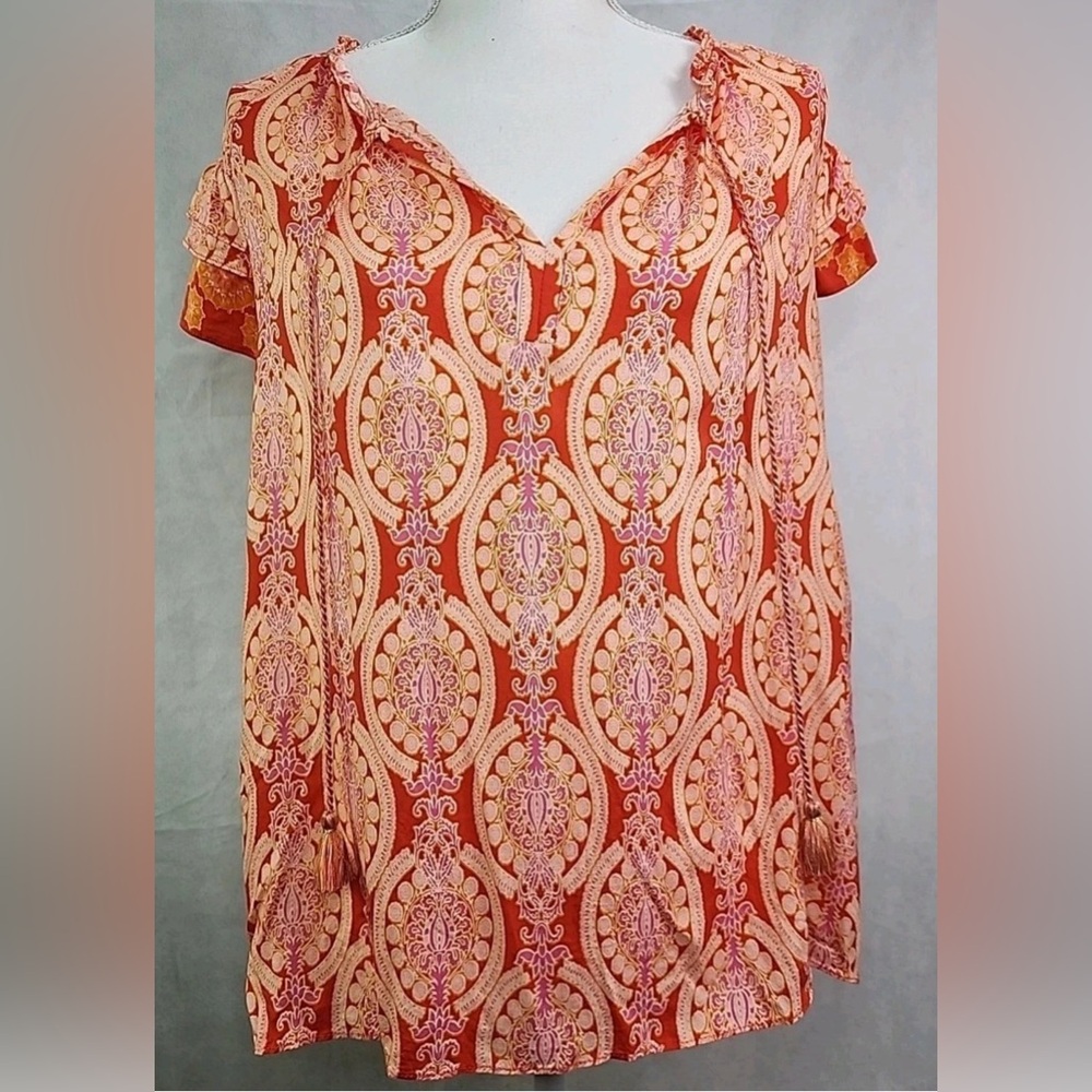 Rose + Olive Top Floral Blouse Orange Pink Purple Split Neck V-neck Tassels Sz L